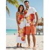 Vacation Couple Outfit Tropical Floral Pattern Spaghetti Strap Pocket A Line Long Dress and Roll Up Sleeve Solid Color Drawstrings Shorts Matching Outfit