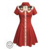 Robe de vacances à motif chat avec chapeau, couleur contrastée, 100 % coton, col rabattu, manches courtes, coupe trapèze - Rouge S | US 4
