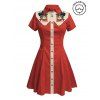 Robe de vacances à motif chat avec chapeau, couleur contrastée, 100 % coton, col rabattu, manches courtes, coupe trapèze - Rouge XL | US 12