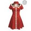 Robe de vacances à motif chat avec chapeau, couleur contrastée, 100 % coton, col rabattu, manches courtes, coupe trapèze - Rouge XL | US 12