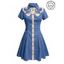 Robe de vacances à motif pieuvre, couleur contrastée, col rabattu, manches courtes, robe de plage trapèze - Bleu gris S | US 4