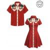 Vacation Couple Outfit Cat with Hat Pattern Contrast Color 100% Cotton Turn Down Collar Dress and Button Up Shirt Casual Matching Outfit - Rouge S | US 4