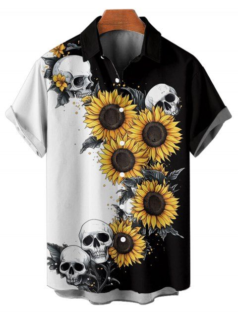 Chemise gothique à manches courtes et boutons pour homme, motif tête de mort et tournesol, couleur contrastée, style vacances