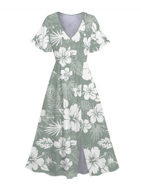Hawaii Floral Print V Neck Split Hem Flutter Sleeve Midi Vacation Dress