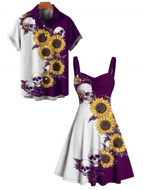 Gothic Couple Outfit Contrast Color Sunflower Skulls Pattern Ruched Bust Sweetheart Neck A Line Mini Dress and Button Up Shirt Holiday Matching Outfit