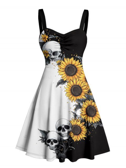 Contrast Color Sunflower Skulls Pattern Ruched Bust Gothic Dress Sweetheart Neck A Line Mini Holiday Dress