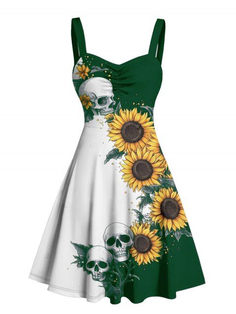 Robe gothique à col en cœur et motif tête de mort de tournesol, couleur contrastée, buste froncé, mini robe de vacances trapèze