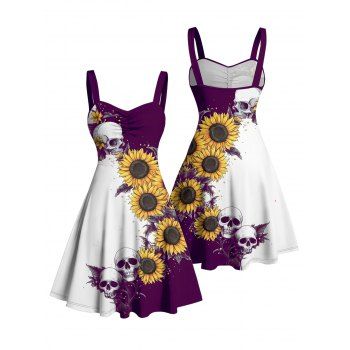 Contrast Color Sunflower Skulls Pattern Ruched Bust Belt Gothic Dress Sweetheart Neck A Line Mini Holiday Dress