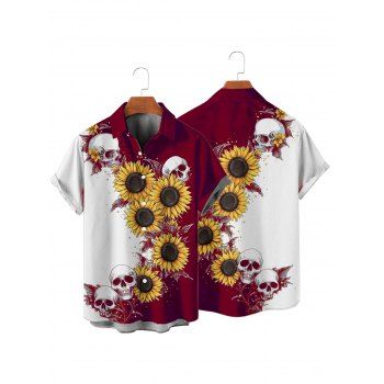 Men's Contrast Color Sunflower Skulls Pattern Gothic Shirt Button Up Roll Up Short Sleeve Holiday Shirt