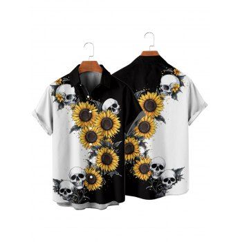 Gothic Couple Outfit Contrast Color Sunflower Skulls Pattern Ruched Bust Sweetheart Neck A Line Mini Dress and Button Up Shirt Holiday Matching Outfit