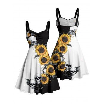 Contrast Color Sunflower Skulls Pattern Ruched Bust Gothic Dress Sweetheart Neck A Line Mini Holiday Dress