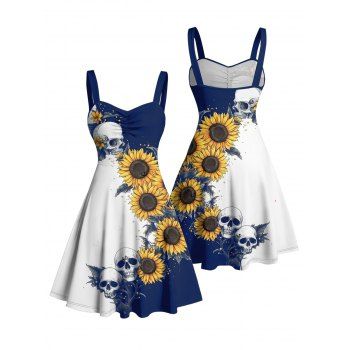 Contrast Color Sunflower Skulls Pattern Ruched Bust Gothic Dress Sweetheart Neck A Line Mini Holiday Dress