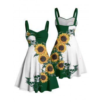 Contrast Color Sunflower Skulls Pattern Ruched Bust Gothic Dress Sweetheart Neck A Line Mini Holiday Dress