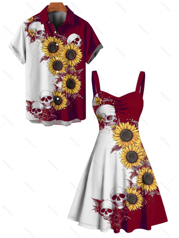 Gothic Couple Outfit Contrast Color Sunflower Skulls Pattern Ruched Bust Belt Sweetheart Neck A Line Mini Dress and Button Up Shirt Holiday Matching Outfit - Rouge foncé S | US 4