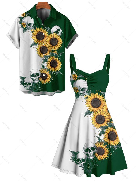 Gothic Couple Outfit Contrast Color Sunflower Skulls Pattern Ruched Bust Belt Sweetheart Neck A Line Mini Dress and Button Up Shirt Holiday Matching Outfit - Vert profond S | US 4