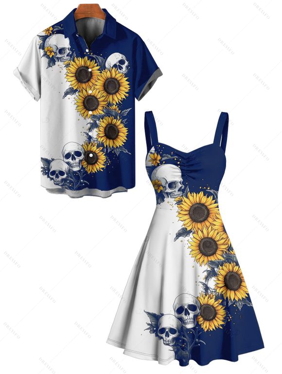 Gothic Couple Outfit Contrast Color Sunflower Skulls Pattern Ruched Bust Belt Sweetheart Neck A Line Mini Dress and Button Up Shirt Holiday Matching Outfit - Bleu profond S | US 4