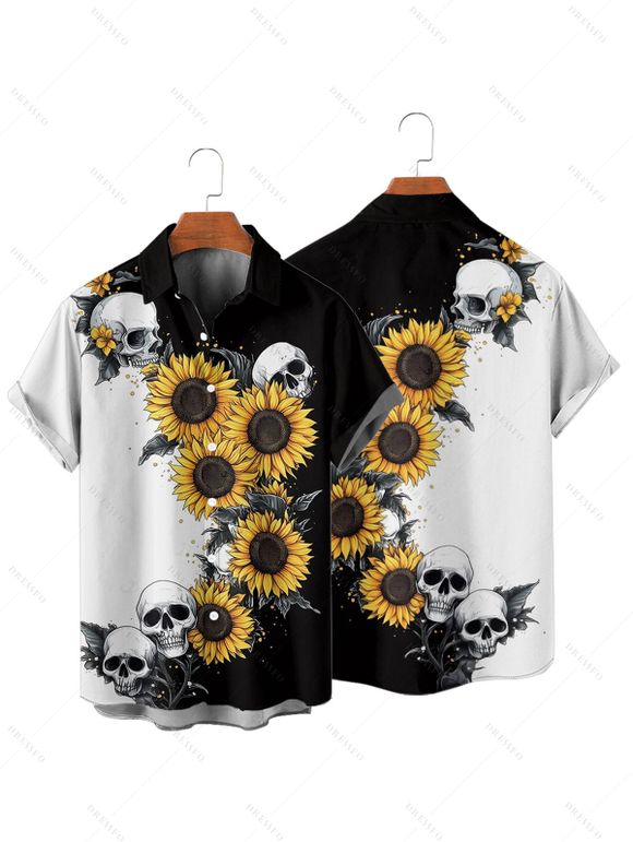 Gothic Couple Outfit Contrast Color Sunflower Skulls Pattern Ruched Bust Sweetheart Neck A Line Mini Dress and Button Up Shirt Holiday Matching Outfit - Noir S | US 4