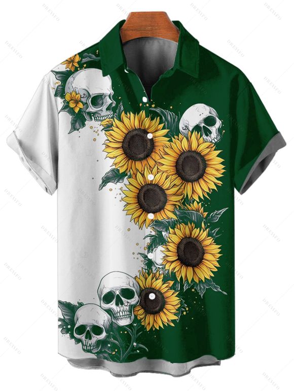 Chemise gothique à manches courtes et boutons pour homme, motif tête de mort et tournesol, couleur contrastée, style vacances - Vert profond 5XL