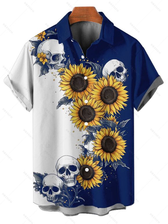 Chemise gothique à manches courtes et boutons pour homme, motif tête de mort et tournesol, couleur contrastée, style vacances - Bleu profond 5XL