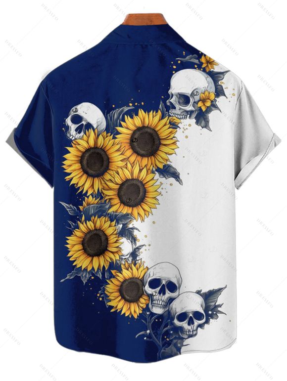 Chemise gothique à manches courtes et boutons pour homme, motif tête de mort et tournesol, couleur contrastée, style vacances - Bleu profond 2XL