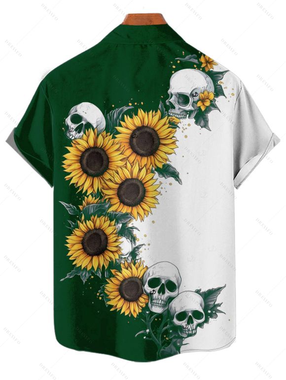 Chemise gothique à manches courtes et boutons pour homme, motif tête de mort et tournesol, couleur contrastée, style vacances - Vert profond 3XL