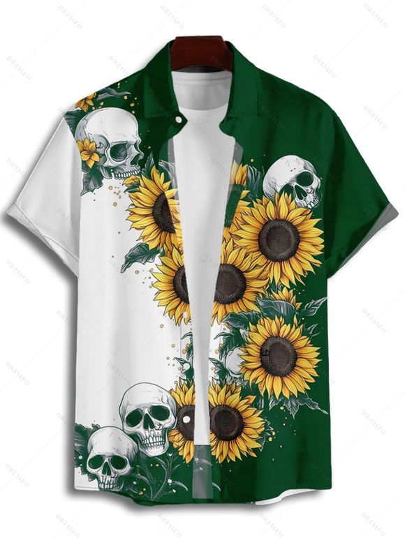 Chemise gothique à manches courtes et boutons pour homme, motif tête de mort et tournesol, couleur contrastée, style vacances - Vert profond 3XL