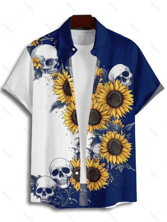 Chemise gothique à manches courtes et boutons pour homme, motif tête de mort et tournesol, couleur contrastée, style vacances - Bleu profond 2XL