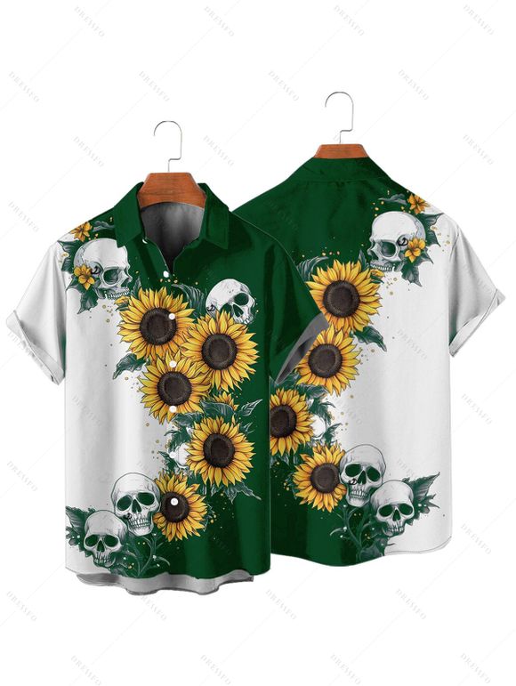 Chemise gothique à manches courtes et boutons pour homme, motif tête de mort et tournesol, couleur contrastée, style vacances - Vert profond 3XL