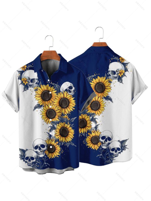 Chemise gothique à manches courtes et boutons pour homme, motif tête de mort et tournesol, couleur contrastée, style vacances - Bleu profond 2XL