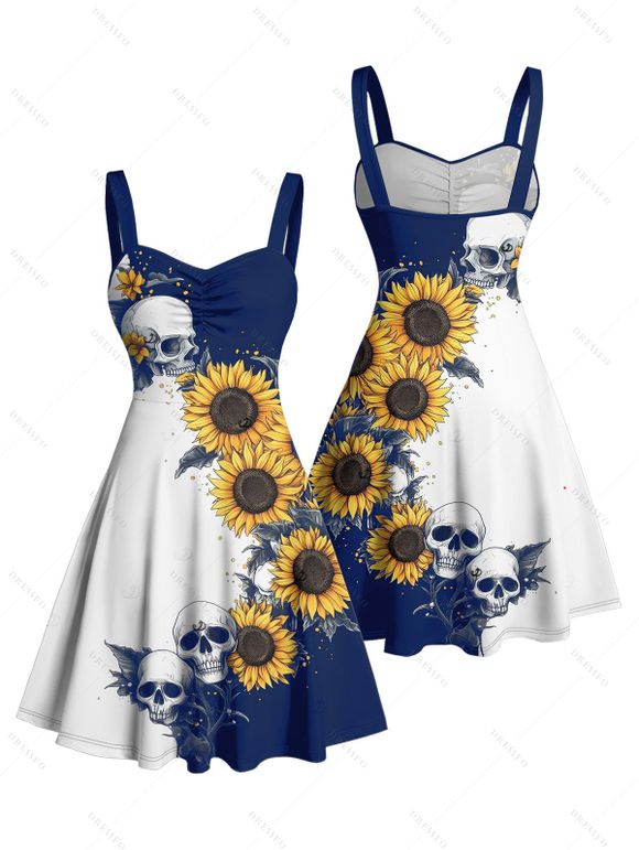 Robe gothique à col en cœur et mini robe trapèze à motif de tournesols et de crânes, couleur contrastée, buste froncé - Bleu profond L | US 8-10