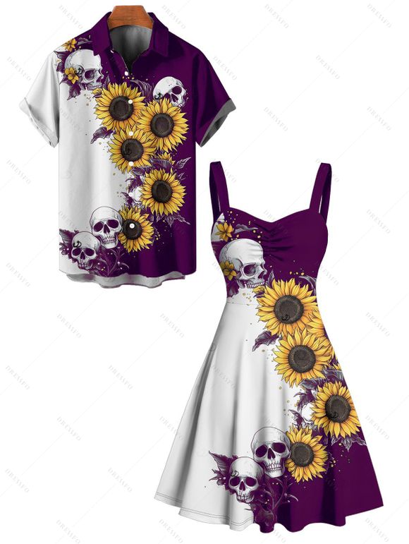 Gothic Couple Outfit Contrast Color Sunflower Skulls Pattern Ruched Bust Sweetheart Neck A Line Mini Dress and Button Up Shirt Holiday Matching Outfit - CONCORD S | US 4