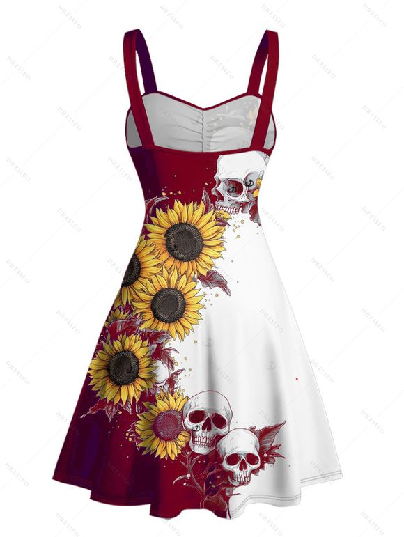 Gothic Couple Outfit Contrast Color Sunflower Skulls Pattern Ruched Bust Sweetheart Neck A Line Mini Dress and Button Up Shirt Holiday Matching Outfit - Rouge foncé S | US 4