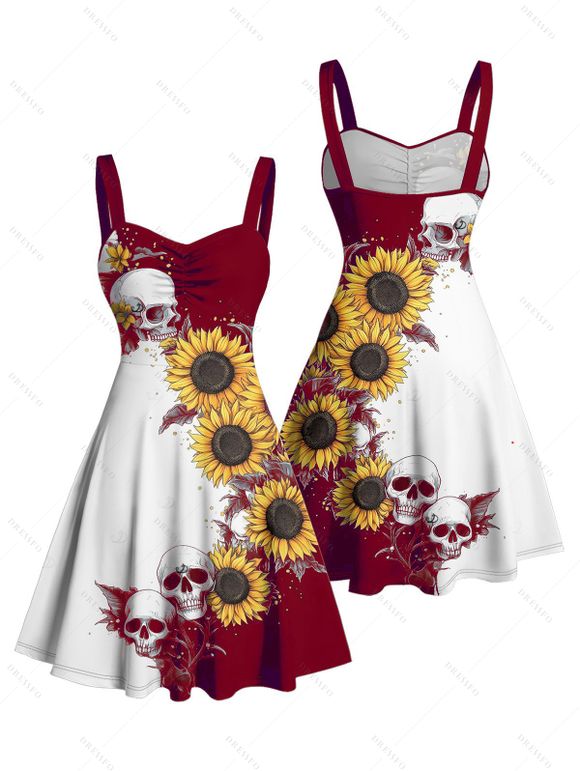 Gothic Couple Outfit Contrast Color Sunflower Skulls Pattern Ruched Bust Sweetheart Neck A Line Mini Dress and Button Up Shirt Holiday Matching Outfit - Rouge foncé S | US 4