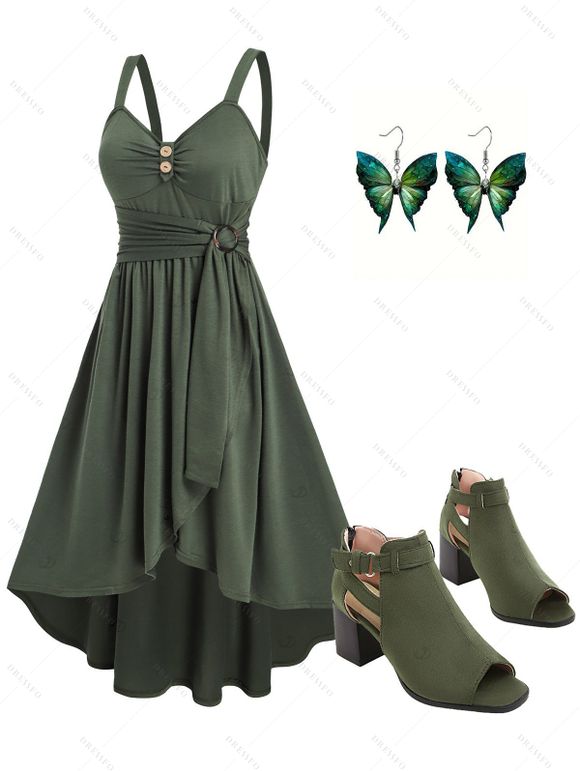 Casual Women Outfit Mock Button Ruched Bust Asymmetrical Hem Self Belted Dress and Sequins Butterfly Earrings Buckle Strap Chunky Heels Sandals Set - Vert profond S | US 4