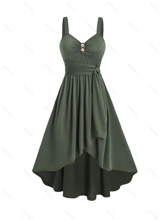 Casual Women Outfit Mock Button Ruched Bust Asymmetrical Hem Self Belted Dress and Sequins Butterfly Earrings Buckle Strap Chunky Heels Sandals Set - Vert profond S | US 4