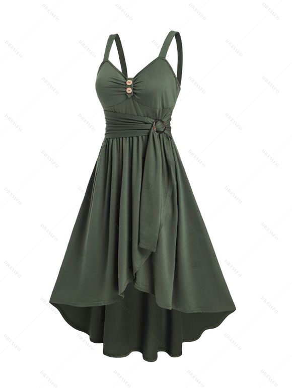 Casual Women Outfit Mock Button Ruched Bust Asymmetrical Hem Self Belted Dress and Sequins Butterfly Earrings Buckle Strap Chunky Heels Sandals Set - Vert profond S | US 4