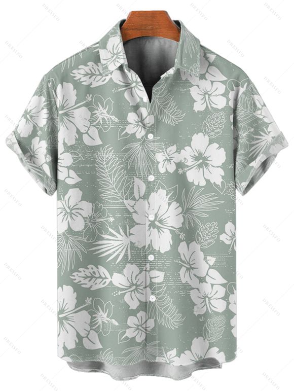 Chemise de Vacances Fleurie Imprimée Boutonnée à Manches Courtes - Vert clair M
