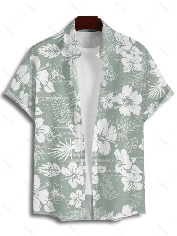 Chemise de Vacances Fleurie Imprimée Boutonnée à Manches Courtes - Vert clair L