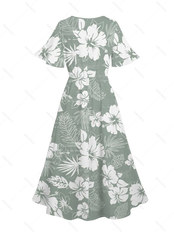 Robe de Vacances Mi-Longue Fleurie Imprimée Manches Bouffantes à Col V - Vert clair XL | US 12
