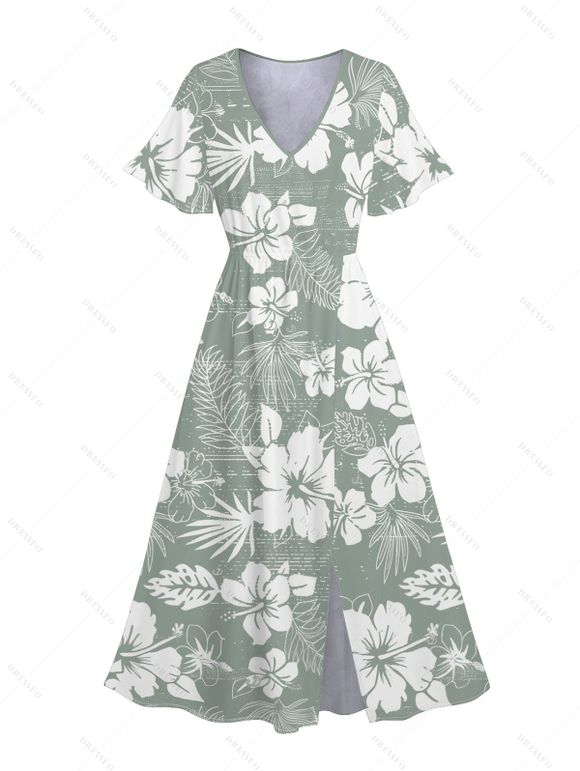 Robe de Vacances Mi-Longue Fleurie Imprimée Manches Bouffantes à Col V - Vert clair S | US 4