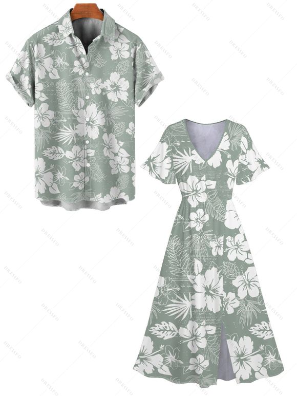 Tropical Print V Neck Split Hem Flutter Sleeve Vacation Dress And Short Sleeve Shirt Matching Outfit - Vert clair S | US 4
