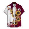 Chemise gothique à manches courtes et boutons pour homme, motif tête de mort et tournesol, couleur contrastée, style vacances - Rouge foncé 5XL