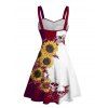 Robe gothique à col en cœur et mini robe trapèze à motif de tournesols et de crânes, couleur contrastée, avec ceinture et buste froncé - Rouge foncé XXXXXL | US 20