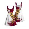 Robe gothique à col en cœur et mini robe trapèze à motif de tournesols et de crânes, couleur contrastée, avec ceinture et buste froncé - Rouge foncé XXXXXL | US 20