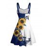 Gothic Couple Outfit Contrast Color Sunflower Skulls Pattern Ruched Bust Belt Sweetheart Neck A Line Mini Dress and Button Up Shirt Holiday Matching Outfit - Bleu profond S | US 4