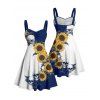 Gothic Couple Outfit Contrast Color Sunflower Skulls Pattern Ruched Bust Belt Sweetheart Neck A Line Mini Dress and Button Up Shirt Holiday Matching Outfit - Bleu profond S | US 4
