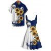 Gothic Couple Outfit Contrast Color Sunflower Skulls Pattern Ruched Bust Belt Sweetheart Neck A Line Mini Dress and Button Up Shirt Holiday Matching Outfit - Bleu profond S | US 4