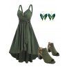 Casual Women Outfit Mock Button Ruched Bust Asymmetrical Hem Self Belted Dress and Sequins Butterfly Earrings Buckle Strap Chunky Heels Sandals Set - Vert profond S | US 4
