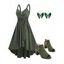 Casual Women Outfit Mock Button Ruched Bust Asymmetrical Hem Self Belted Dress and Sequins Butterfly Earrings Buckle Strap Chunky Heels Sandals Set - Vert profond S | US 4