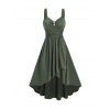 Casual Women Outfit Mock Button Ruched Bust Asymmetrical Hem Self Belted Dress and Sequins Butterfly Earrings Buckle Strap Chunky Heels Sandals Set - Vert profond S | US 4